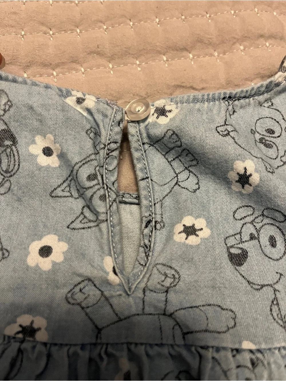 Light Blue Printed Girls' Denim-Style Bluey Dress with Ruffle Sleeves